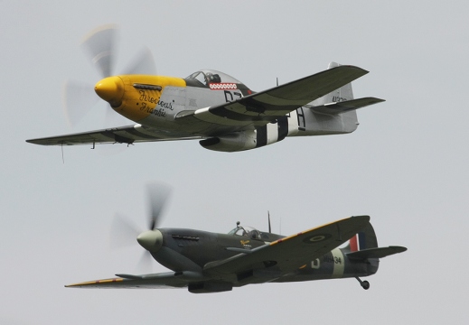 P-51D Mustang - 44-13704/B7-H (G-BTCD) - Ferocious Frankie - Old Flying Machine Company + Spitfire LF IXc - MH434/ZD-B (G-ASJV) - Old Flying Machine Company